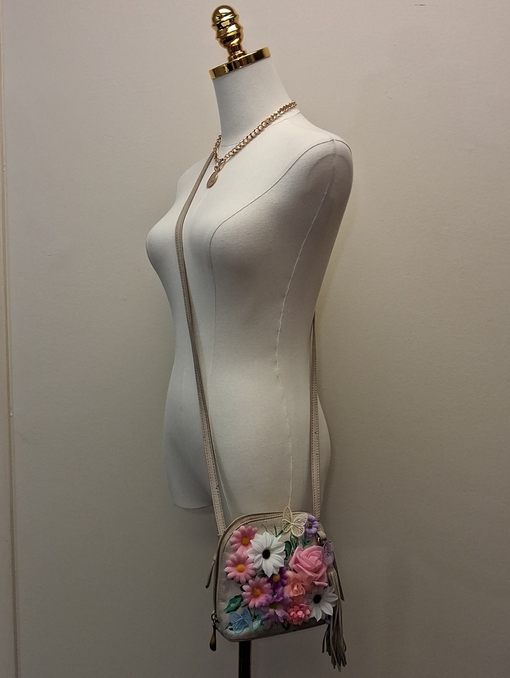 HOBO Hand Embellished Floral Crossbody Bag Painted Butterfly Appliqué Beige